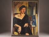 painting of a woman in a black dress sitting in a chair