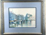 an image of a painting of boats on a river with buildings in the background