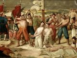 painting of a group of men standing around a man laying on the ground