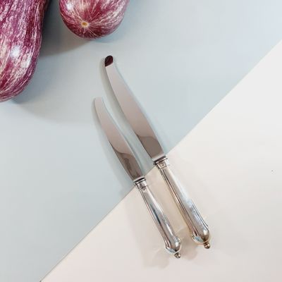 a knife and a knife on a cutting board next to an eggplant and an eggplant