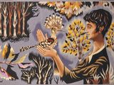 painting of a man holding a bird in his hand in front of a tree