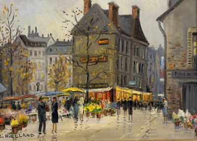 un tableau représentant des personnes marchant dans une rue avec des parapluies