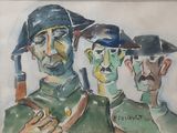 tableau représentant deux hommes en uniforme, coiffés d'un chapeau et tenant des armes à la main