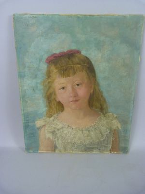 painting of a young girl in a white dress with a red flower in her hair