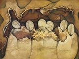 un tableau représentant un groupe de personnes dans une grotte
