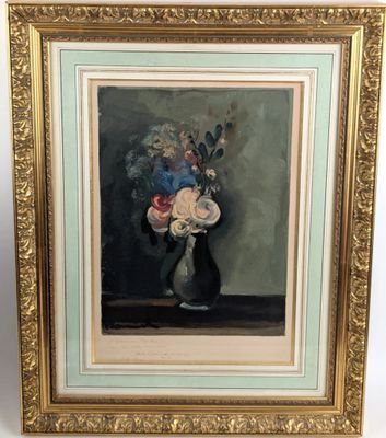 une peinture à l'huile représentant des fleurs dans un vase sur une table