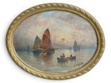 painting of boats in a body of water with a sky in the background