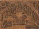 a drawing of a group of people standing around a manger