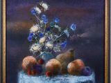 painting of a still life of flowers and fruit on a table