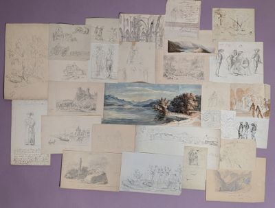 a lot of drawings on the wall of this room