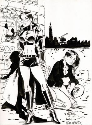 un dessin en noir et blanc représentant deux femmes devant un immeuble