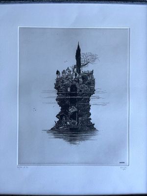 une photo en noir et blanc d'un château au bord de l'eau