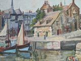 a painting of boats in a harbor with buildings in the background
