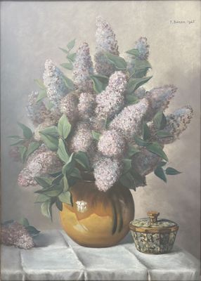 painting of a vase of lilas and a teapot on a table