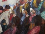 a painting of a group of people standing in front of a flag