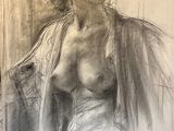 drawing of a woman in a bathrobe sitting on a chair