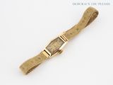 an image of a gold wrist watch with a mesh band