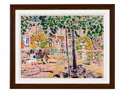 un tableau représentant deux personnes assises sur un banc sous un arbre