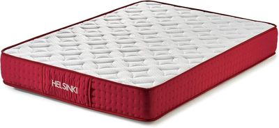a close up of a red mattress on a white surface