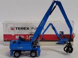 a blue toy truck with a crane attached to it ' s back
