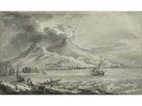 a drawing of a boat in the water near a mountain