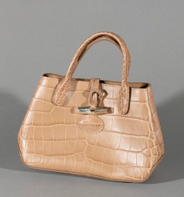 beige alligator skin handbag on grey background with silver hardware