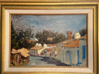 une peinture à l'huile représentant une scène de rue avec des bâtiments et une calèche