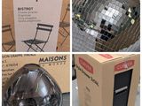 several pictures of a box with a mirror ball inside of it and a box with a chair inside of it
