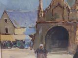 a painting of a woman walking in front of a church