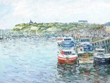 many boats that are in the water near the shore