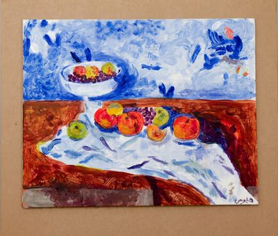 a painting of a bowl of fruit on a table