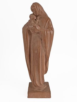 the statue of a woman holding a child is shown against a white background