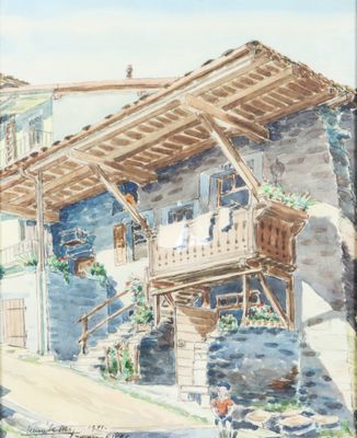 une aquarelle représentant une maison dans la rue