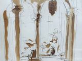 drawing of a drawing of a man and a dog in a building