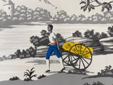 a painting of a man carrying a cart of bananas