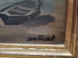 an oil painting of a boat on the water with a sailboat in the background