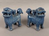 paire de chiens foo foo en céramique bleue, la gueule ouverte