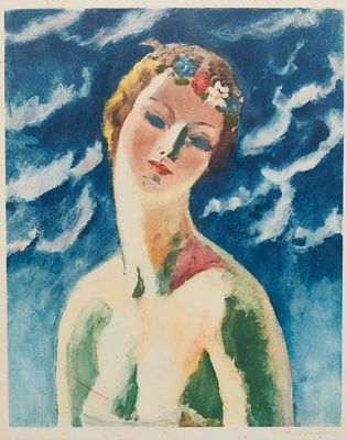 une image d'une peinture représentant une femme avec des fleurs dans les cheveux