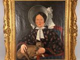 an old painting of a woman with a dog in her lap