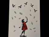 a painting of a girl in a red dress with birds flying around her