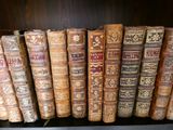 plusieurs vieux livres sont alignés sur une étagère dans une bibliothèque