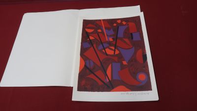 an open book with a picture of a woman on it on a red surface