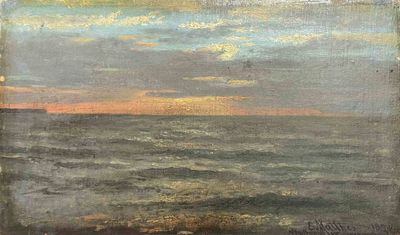 une peinture à l'huile représentant un coucher de soleil sur l'océan, avec un phare au loin