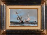 an oil painting of a sailboat in a body of water with a blue sky in the background