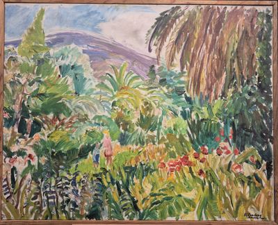 une peinture à l'huile représentant un jardin tropical avec des palmiers et des fleurs