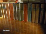 de nombreux livres alignés par terre, près d'une clôture