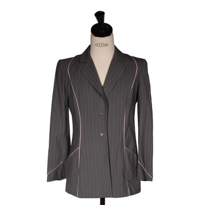 grey pinstripe blazer with pink pips