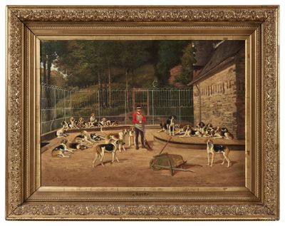 une image représentant un tableau où l'on voit un homme avec des chiens dans une cage