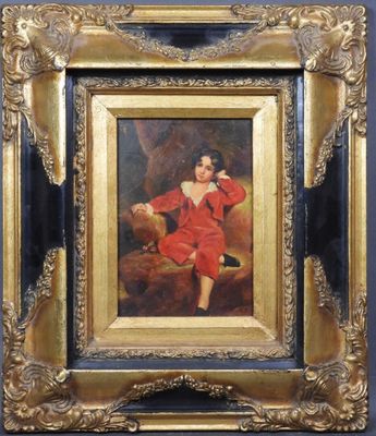tableau représentant une femme en robe rouge assise sur une chaise