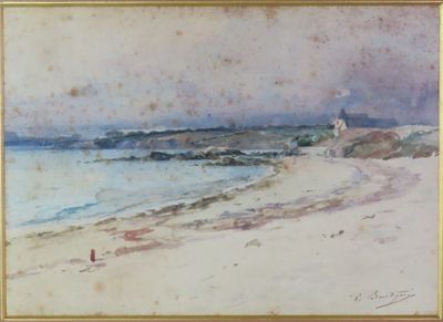 tableau représentant une personne marchant sur une plage près d'un plan d'eau